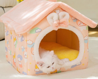 Foldable Dog & Cat House - Warm Winter Bed, Removable Nest, Cozy Pet Cave