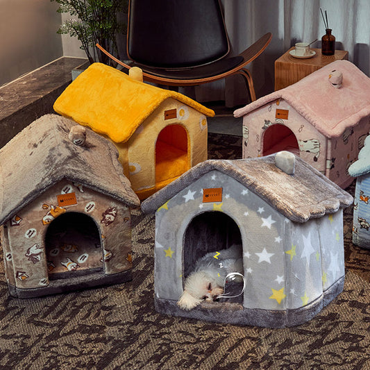 Foldable Dog & Cat House - Warm Winter Bed, Removable Nest, Cozy Pet Cave