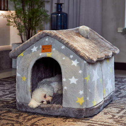 Foldable Dog & Cat House - Warm Winter Bed, Removable Nest, Cozy Pet Cave