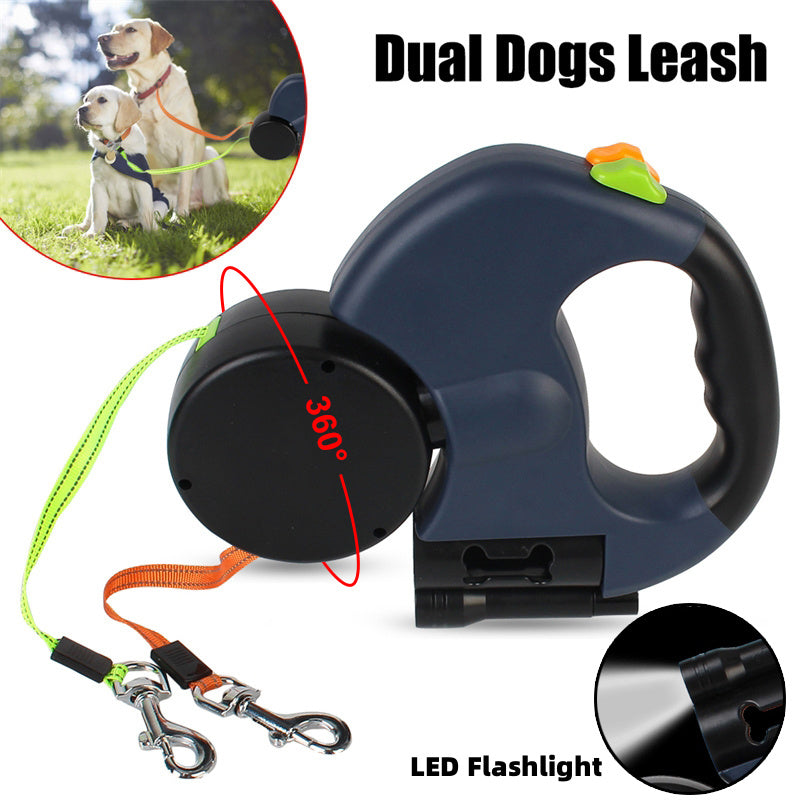 Reflective Retractable Dual Dog Leash with Lights - 360° Swivel for Small Dogs